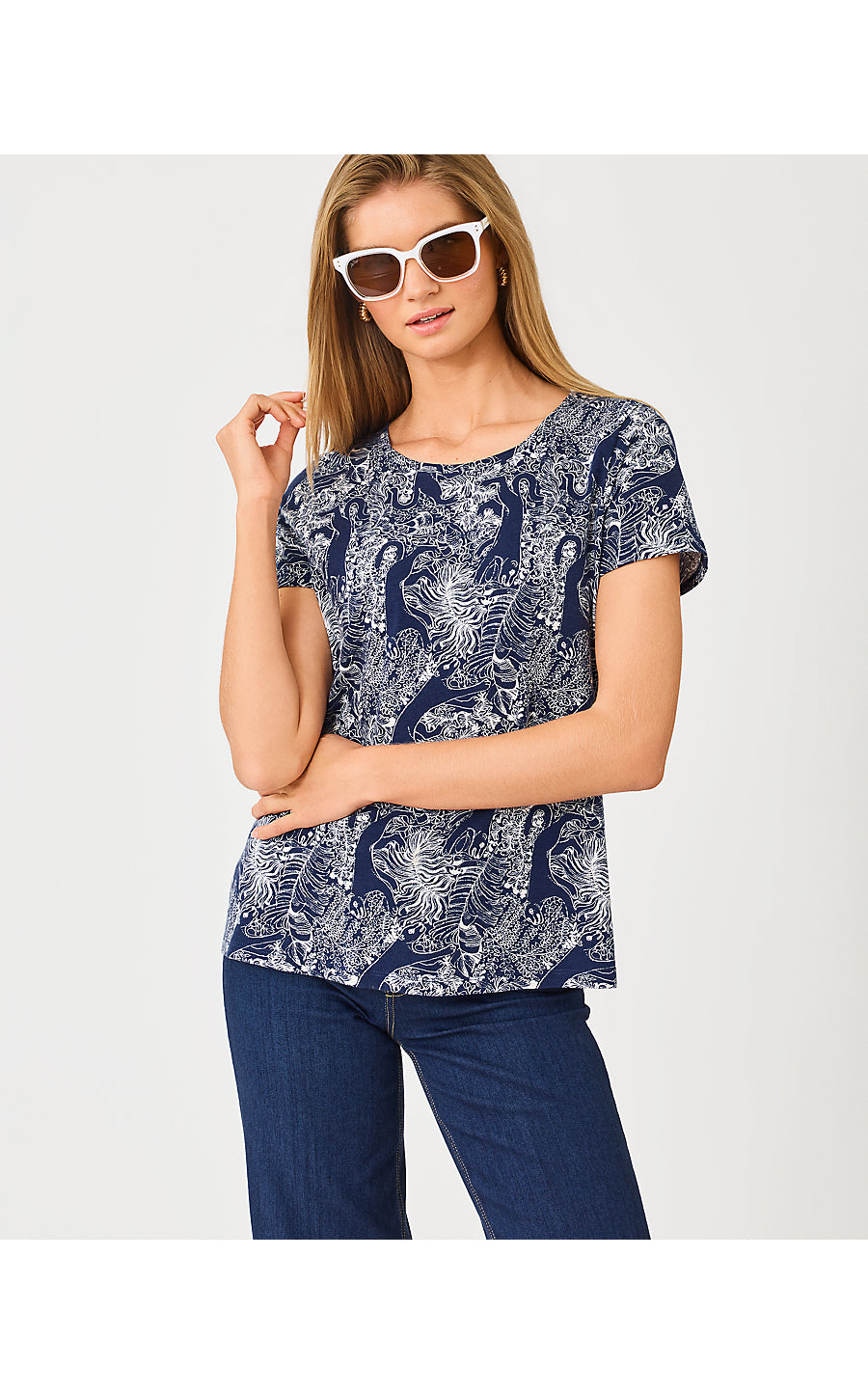 Etta Scoop-Neck Top Low Tide Navy Lil Palm Prowl