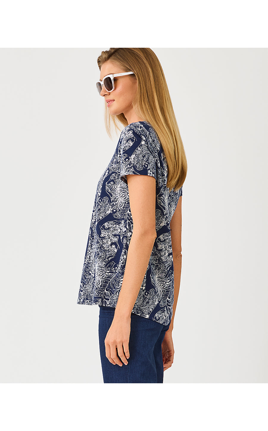Etta Scoop-Neck Top Low Tide Navy Lil Palm Prowl
