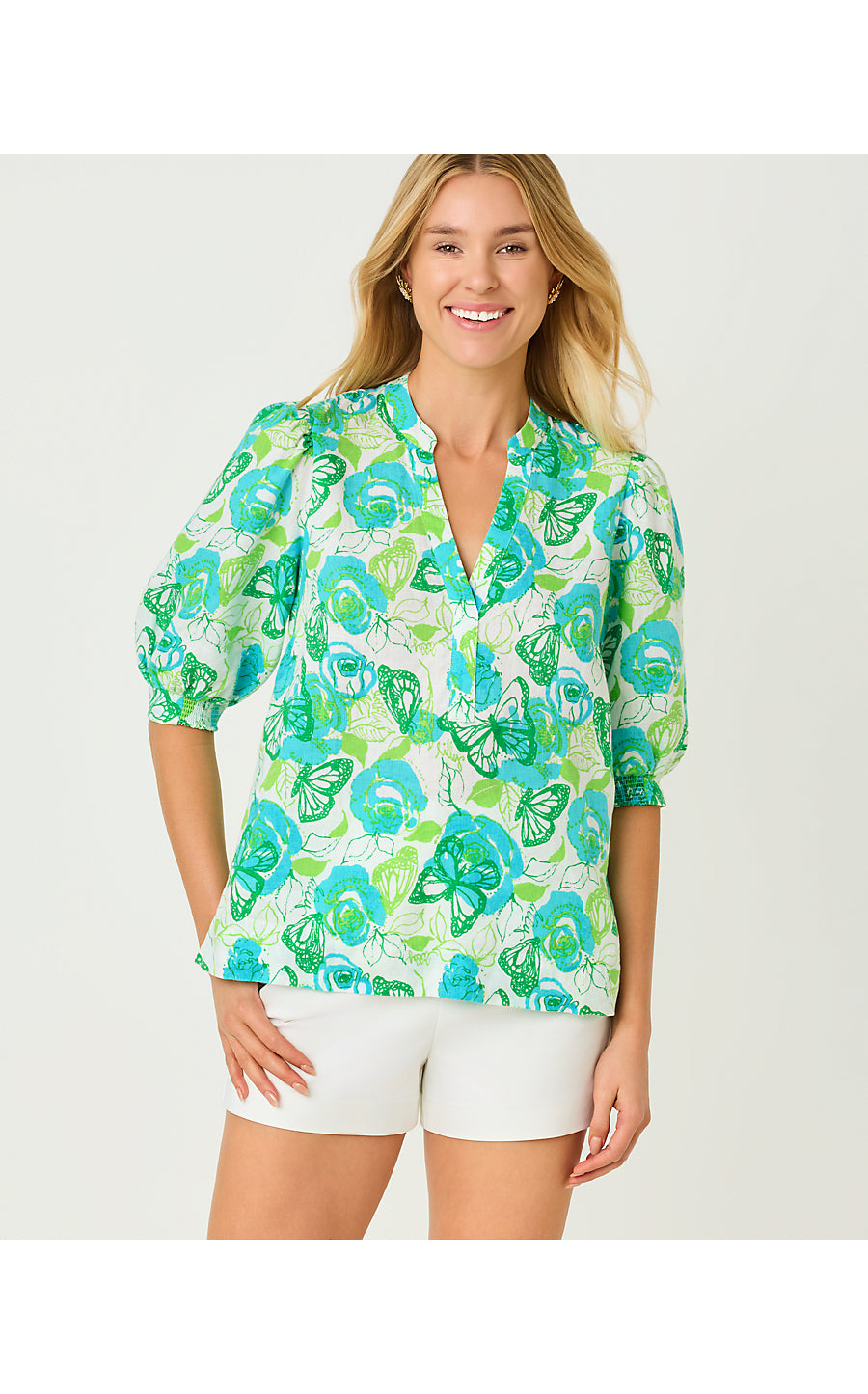 Mialeigh Elbow Sleeve Linen Top Resort White Monarch Rose