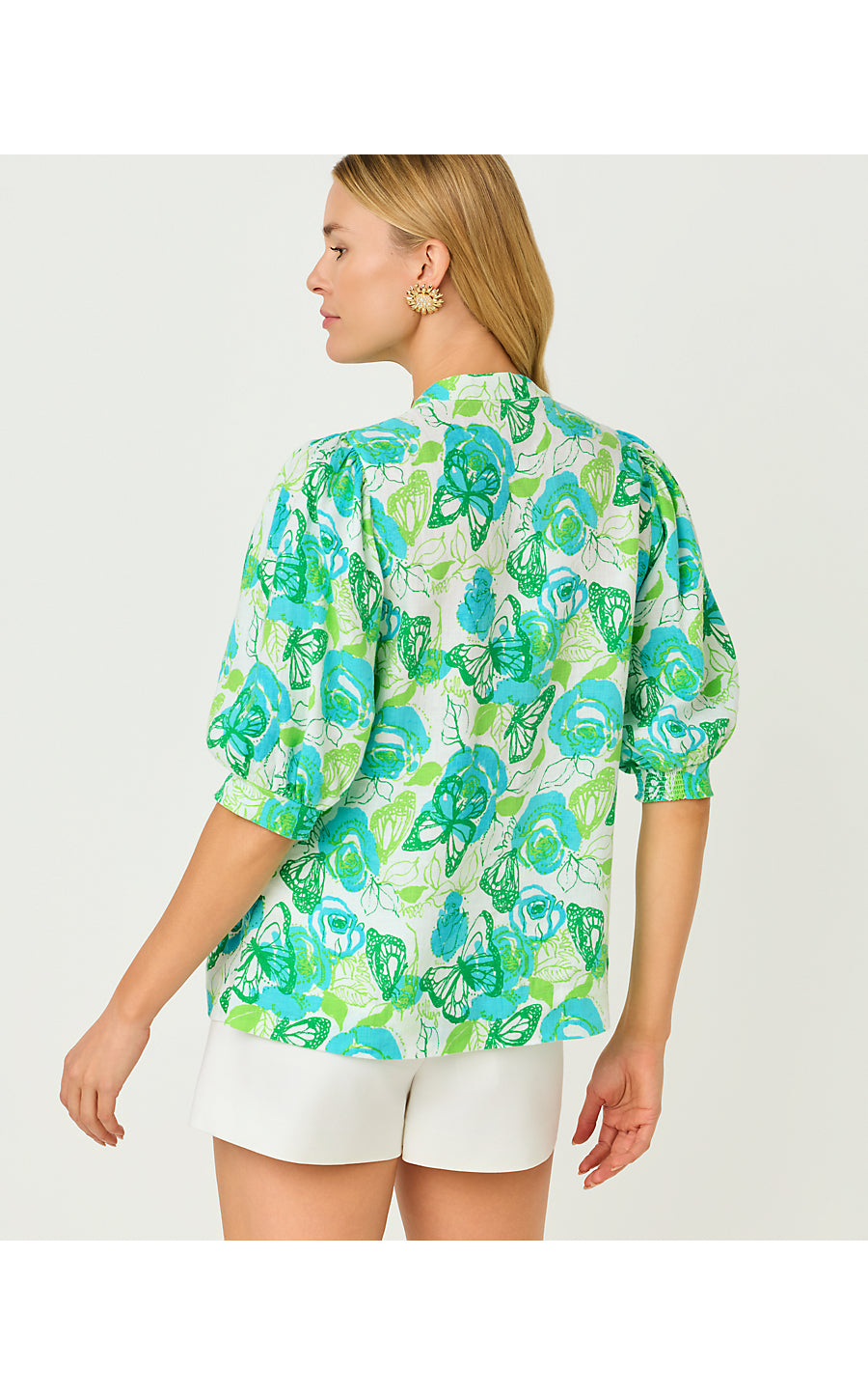 Mialeigh Elbow Sleeve Linen Top Resort White Monarch Rose