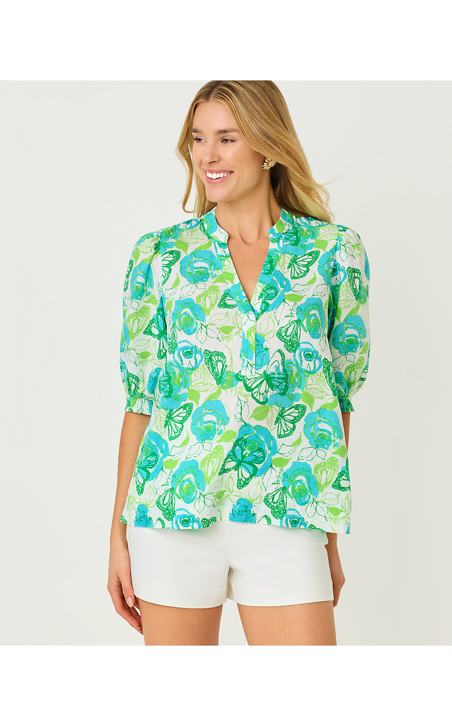 Mialeigh Elbow Sleeve Linen Top Resort White Monarch Rose