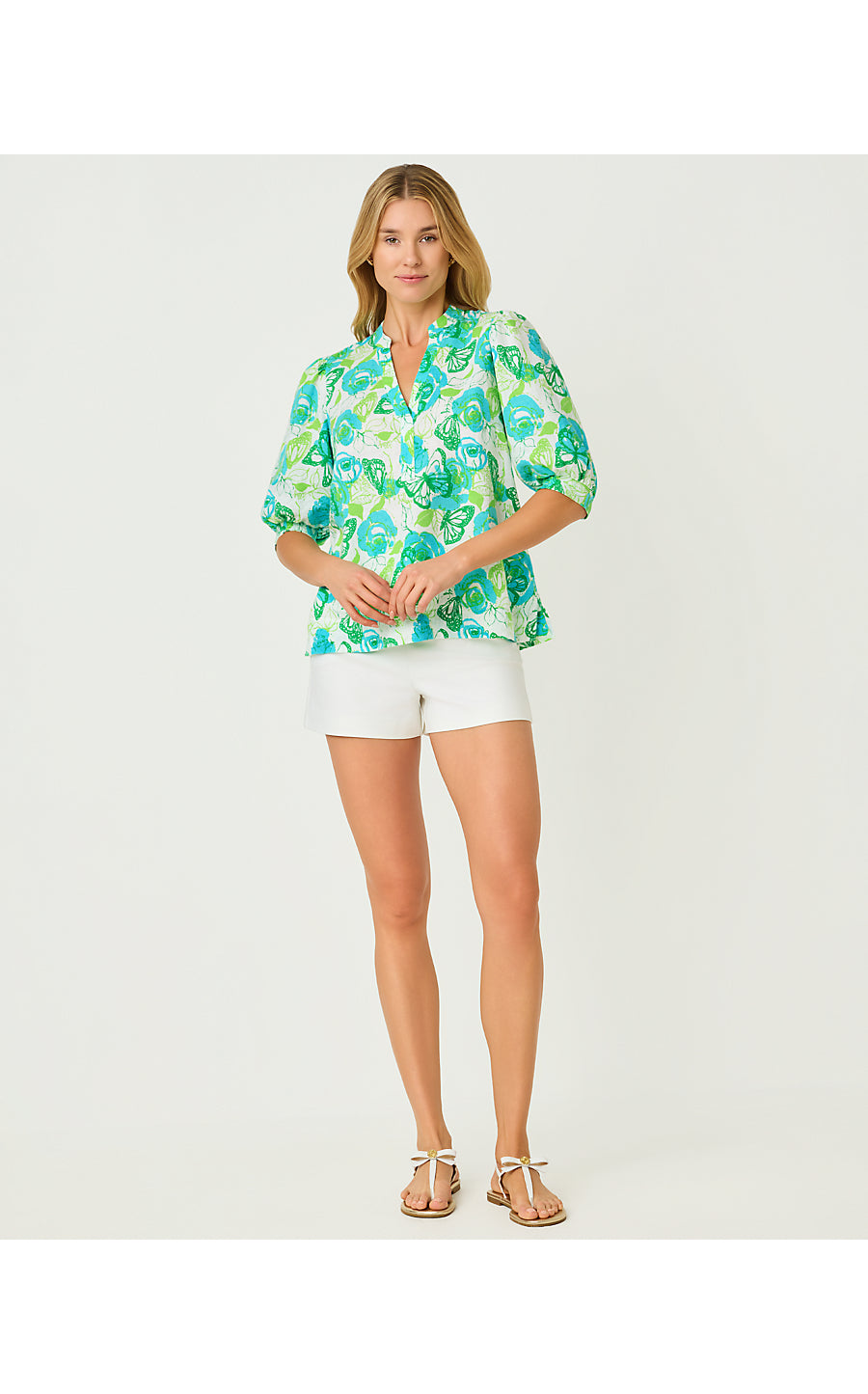 Mialeigh Elbow Sleeve Linen Top Resort White Monarch Rose