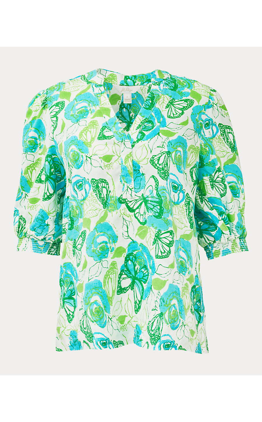 Mialeigh Elbow Sleeve Linen Top Resort White Monarch Rose