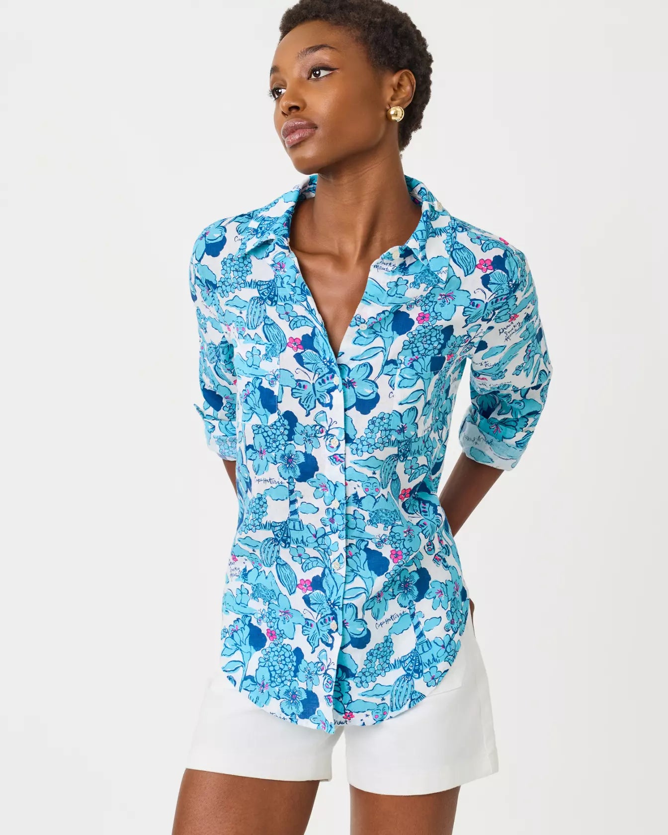 Sea View Linen Button Down Capri Blue NC Dest