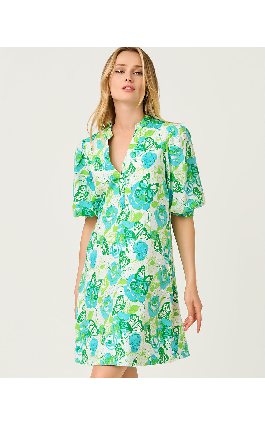 Mialeigh Elbow Sleeve Linen Dress Resort White Monarch Rose