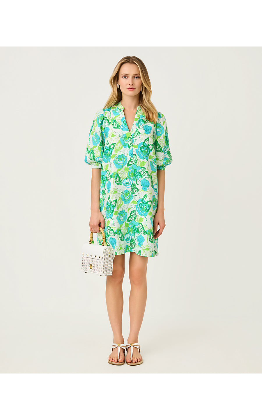 Mialeigh Elbow Sleeve Linen Dress Resort White Monarch Rose