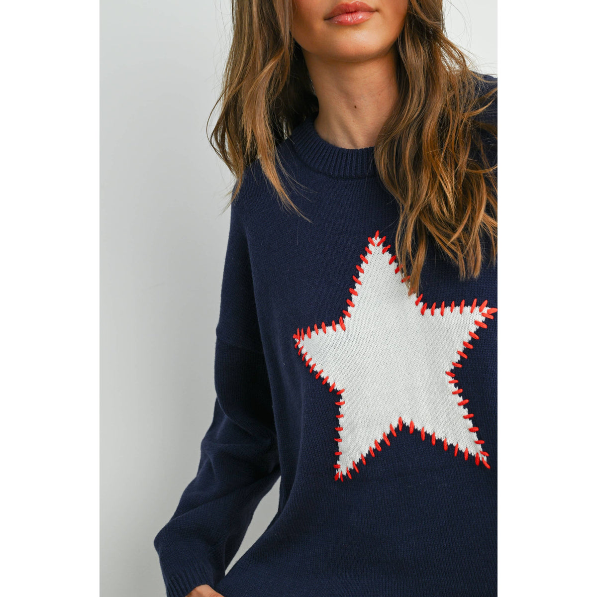 Drop Shoulder Star Pattern Sweater - BMW7756
