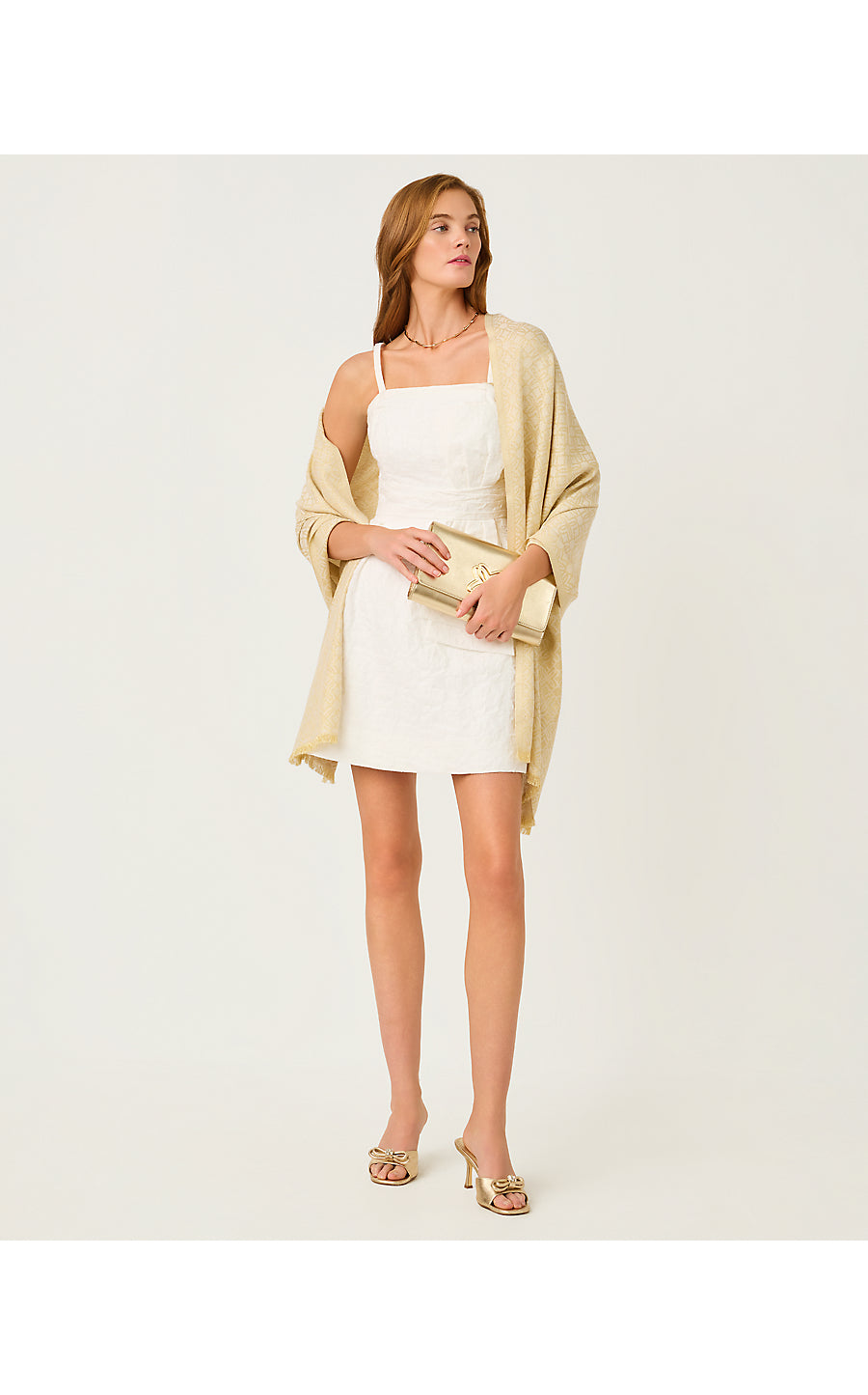 Logo Jacquard Wrap Wicker Tan X Coconut Butterfly Pattern Scarf