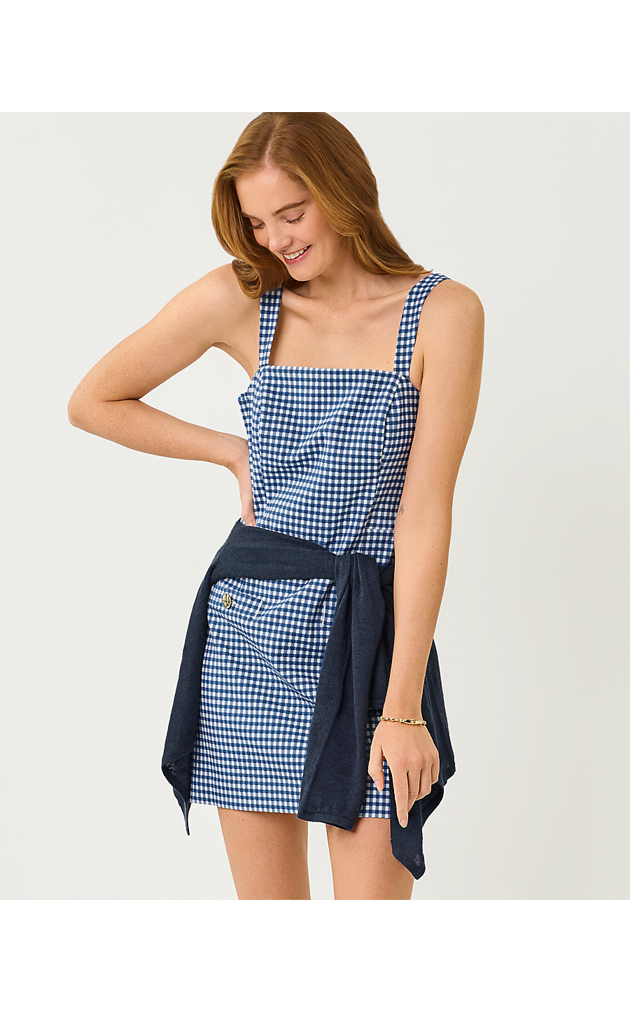 Veda Skirted Romper Starlight Navy Gingham Stretch Jacquard