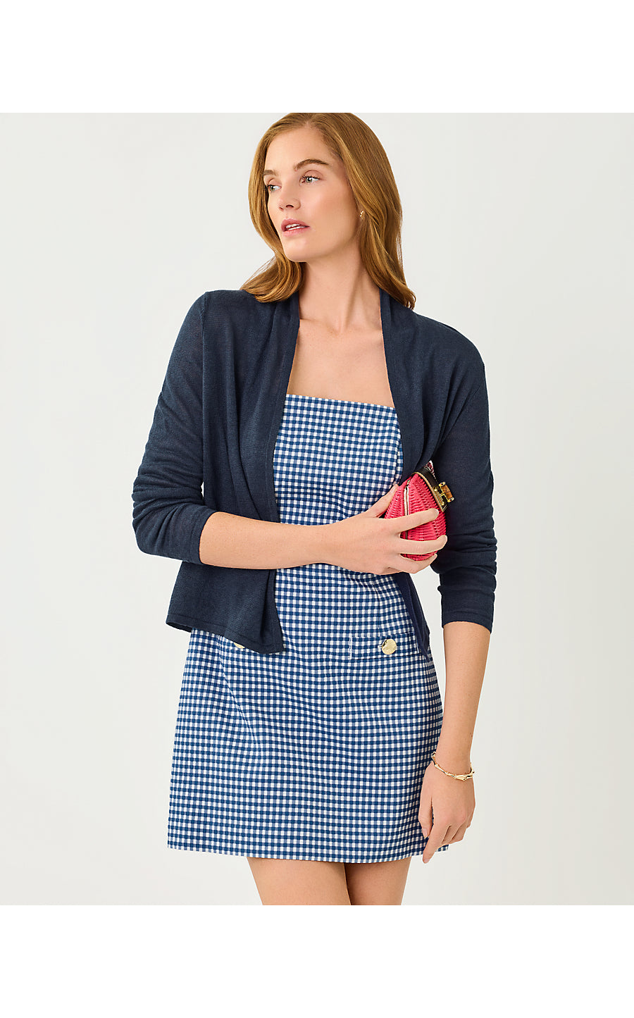 Veda Skirted Romper Starlight Navy Gingham Stretch Jacquard