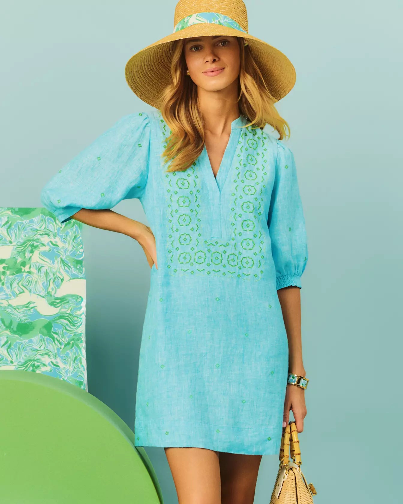 Mialeigh Linen Dress Capri Blue x Resort White