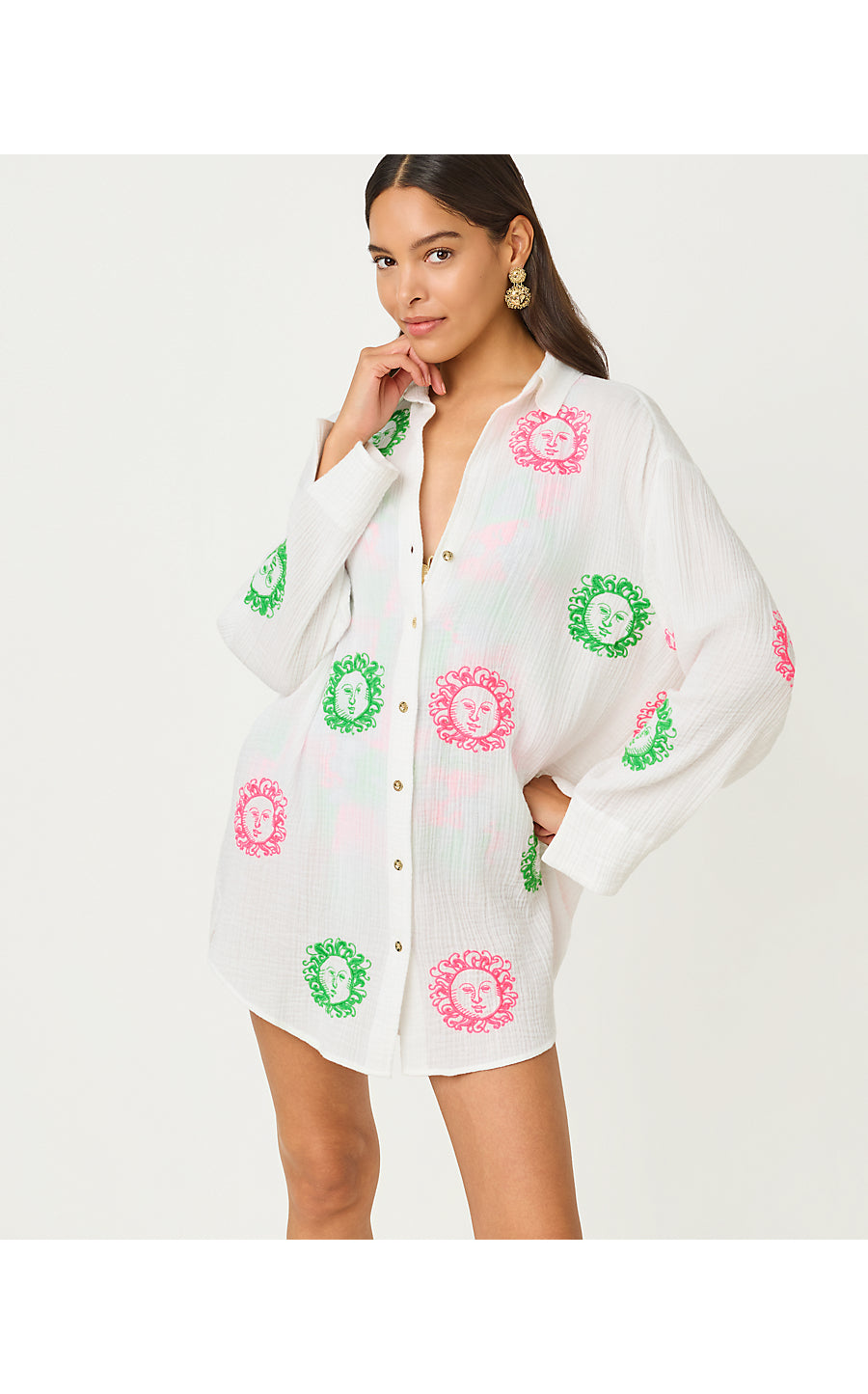 Kwitney Embroidered Long Sleeve Cover Up Resort White Fleur De Lilly Embroidered