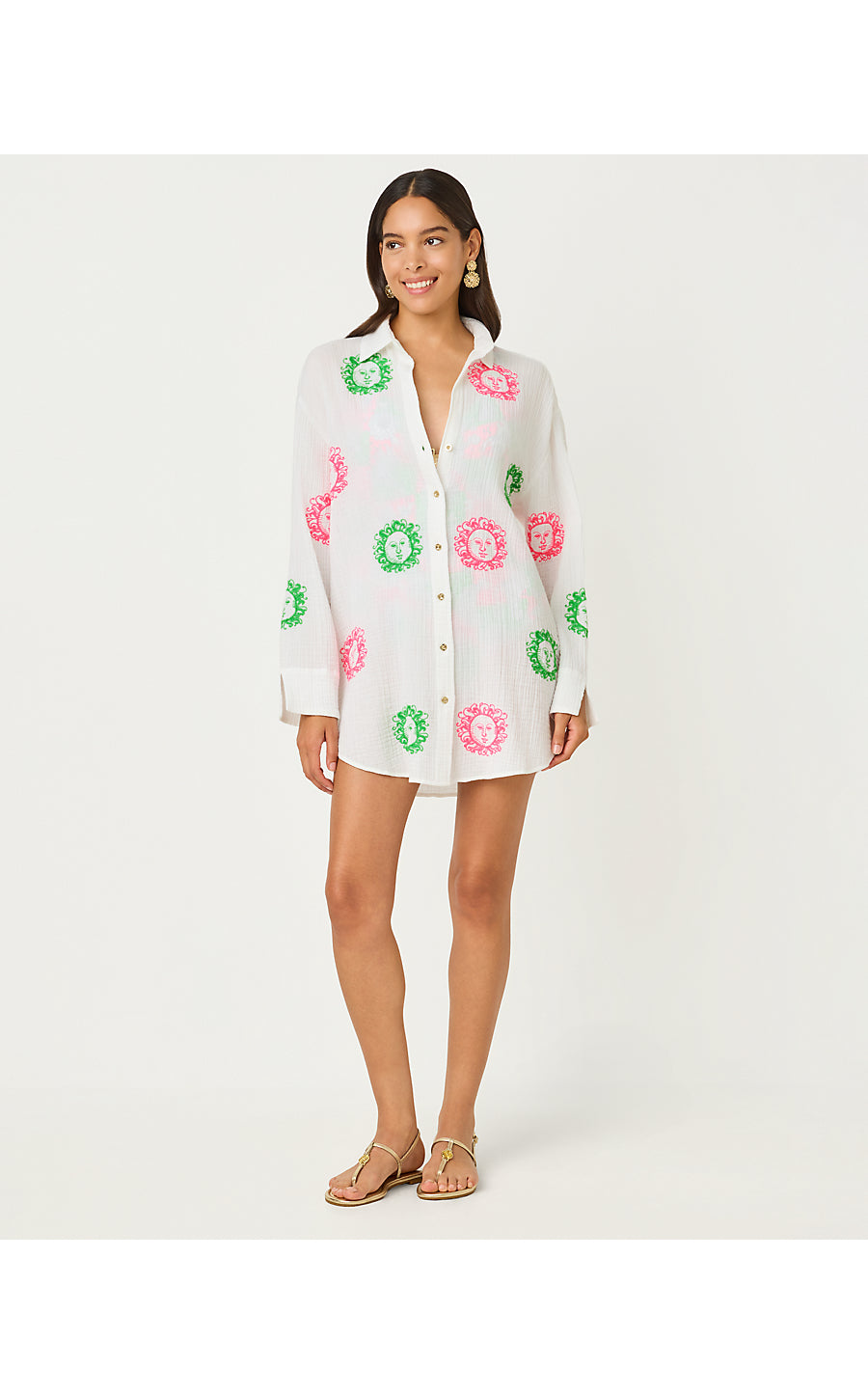 Kwitney Embroidered Long Sleeve Cover Up Resort White Fleur De Lilly Embroidered