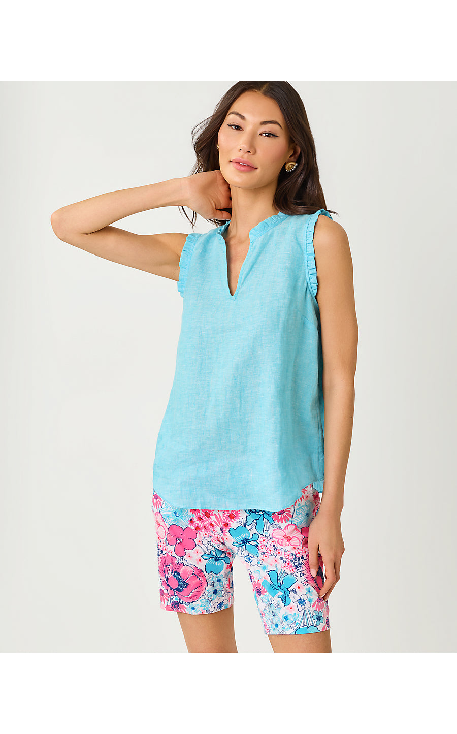 Kavalla Sleeveless Ruffle Top Capri Blue X Resort White