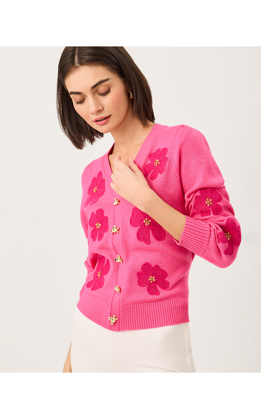 Millard Sweater Pink Aster Big Lillys Flower Embroidery