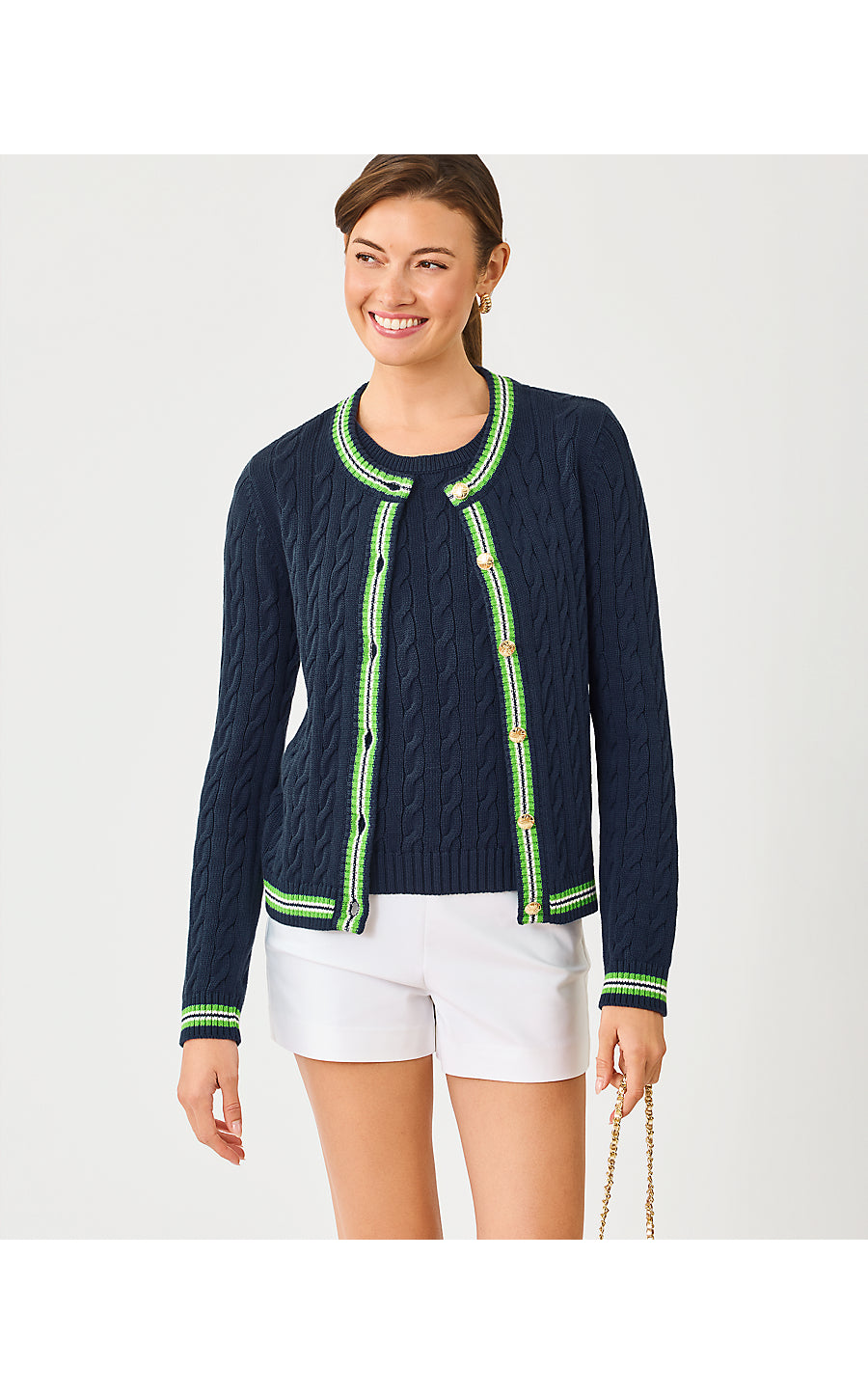 Brockton Crew Neck Cardigan Low Tide Navy X Chateau Green Tipping