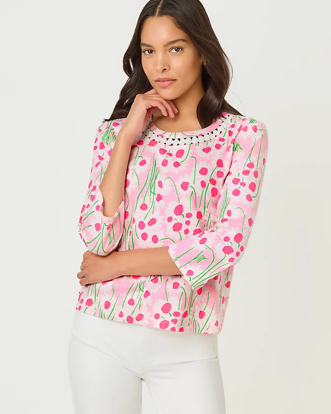 Clairmont 3/4 Sleeve Lace Trim Knit Top Lil Sunny Daisies