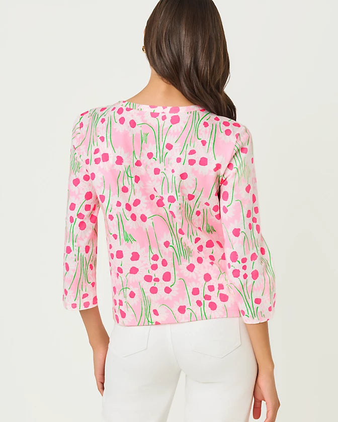 Clairmont 3/4 Sleeve Lace Trim Knit Top Lil Sunny Daisies