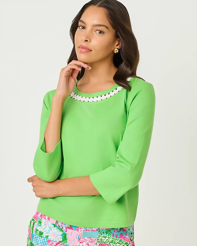 Clairmont 3/4 Sleeve Lace Trim Knit Top Jackfruit Green