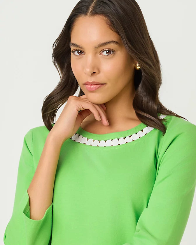 Clairmont 3/4 Sleeve Lace Trim Knit Top Jackfruit Green