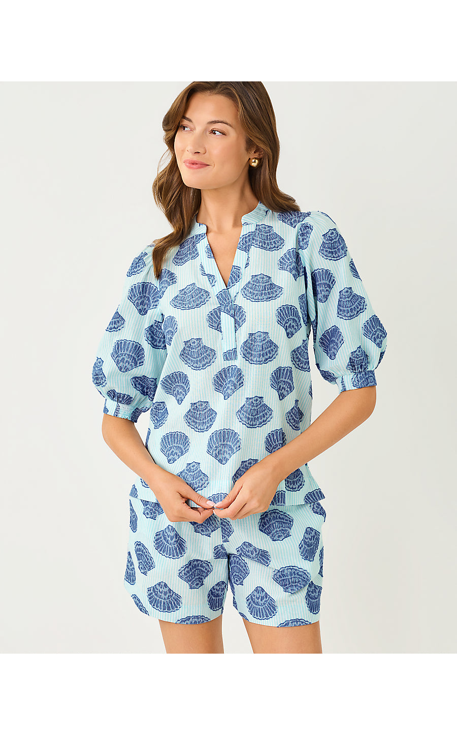 Mialeigh Elbow Sleeve Top Day Dream Blue Seashell Jacquard Yarn Dyed Stripe