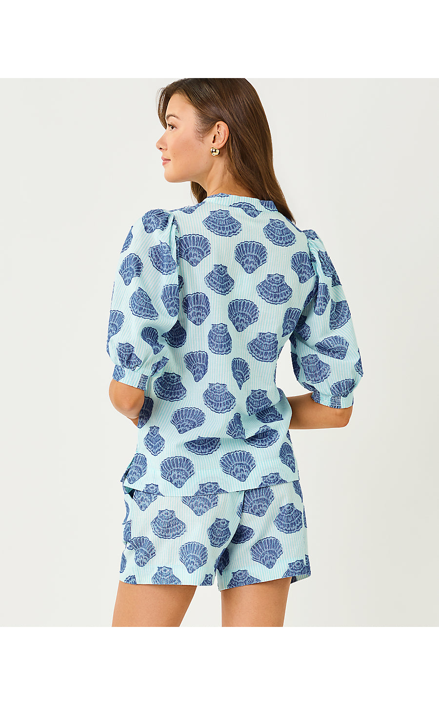 Mialeigh Elbow Sleeve Top Day Dream Blue Seashell Jacquard Yarn Dyed Stripe