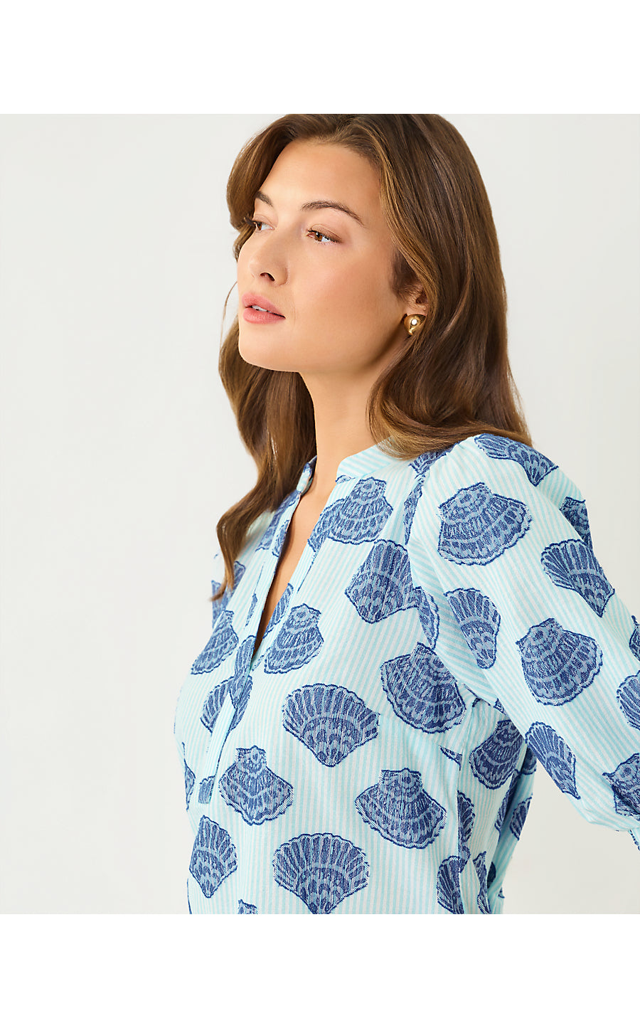 Mialeigh Elbow Sleeve Top Day Dream Blue Seashell Jacquard Yarn Dyed Stripe