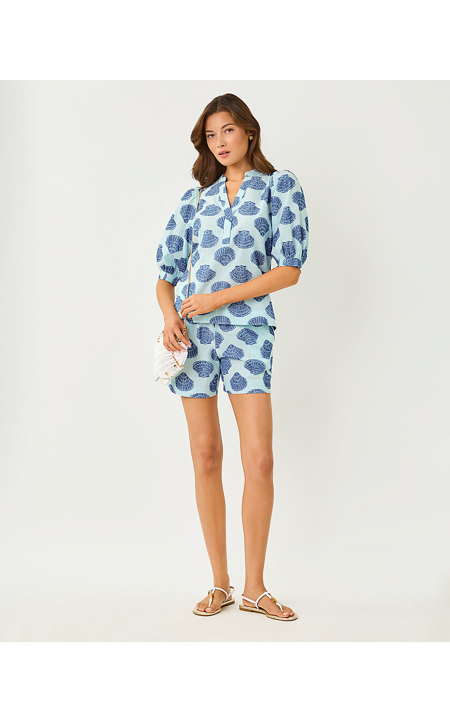 Mialeigh Elbow Sleeve Top Day Dream Blue Seashell Jacquard Yarn Dyed Stripe