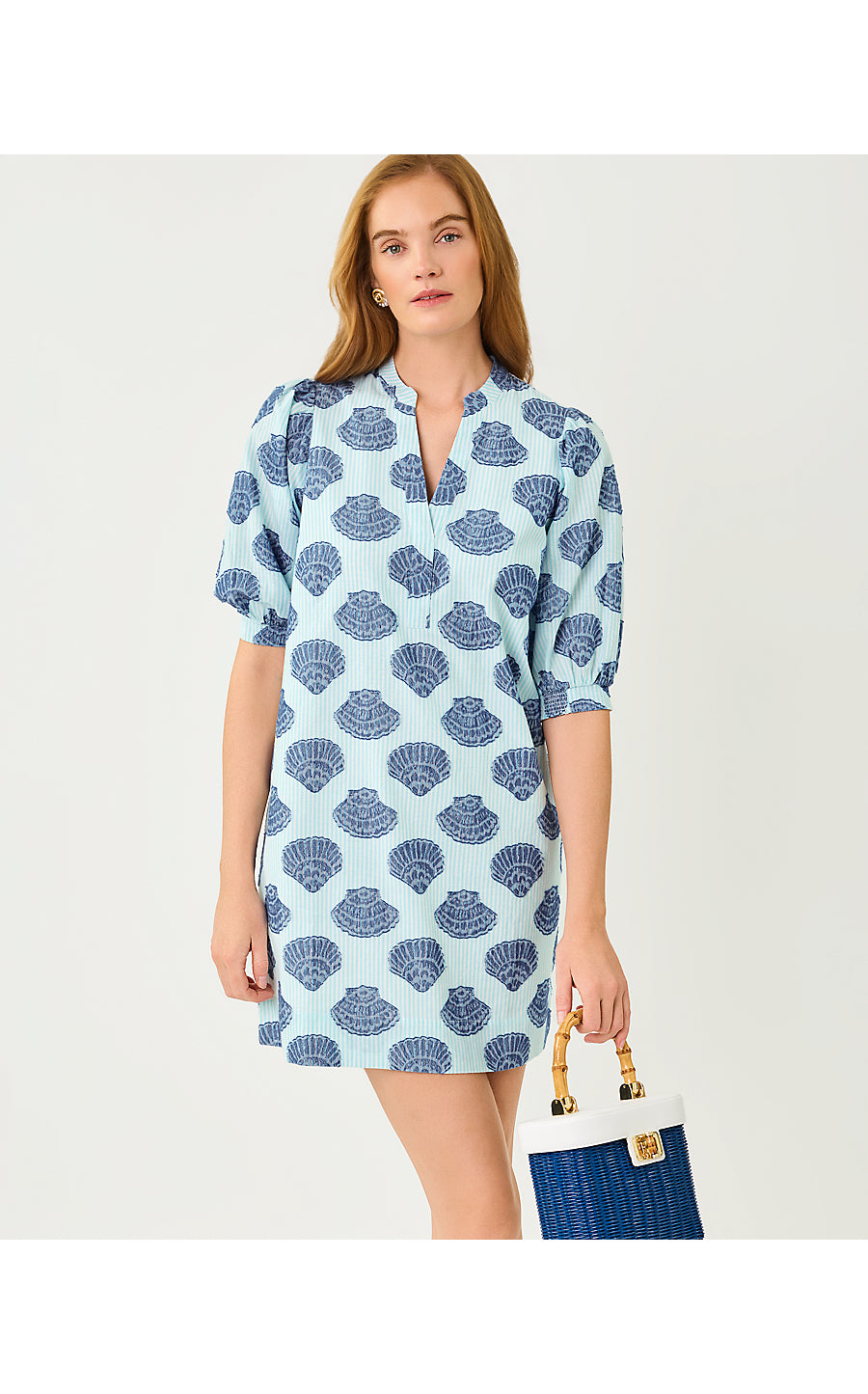 Mialeigh Elbow Sleeve Dress Day Dream Blue Seashell Jacquard Yarn Dyed Stripe