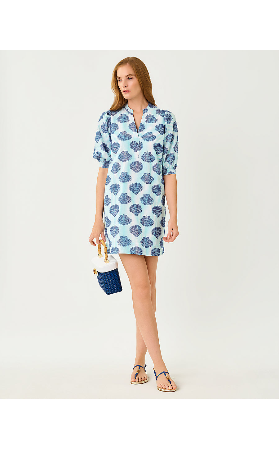 Mialeigh Elbow Sleeve Dress Day Dream Blue Seashell Jacquard Yarn Dyed Stripe