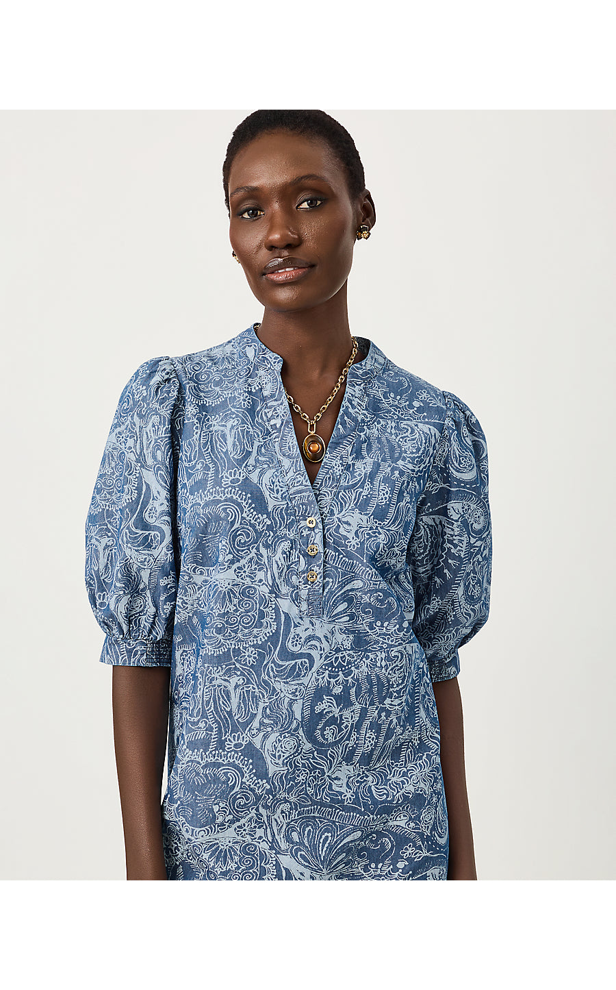 Mialeigh Elbow Sleeve Dress Indigo All Day Chambray Paisley Parade Pigment
