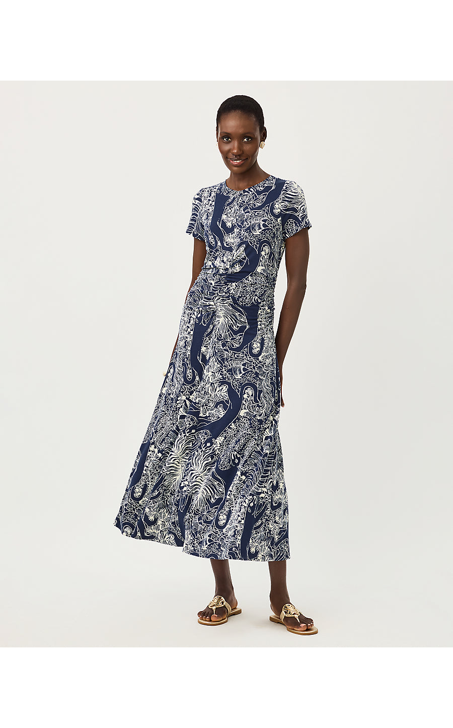 UPF 50+ Alma Midi Dress Low Tide Navy Palm Prowl