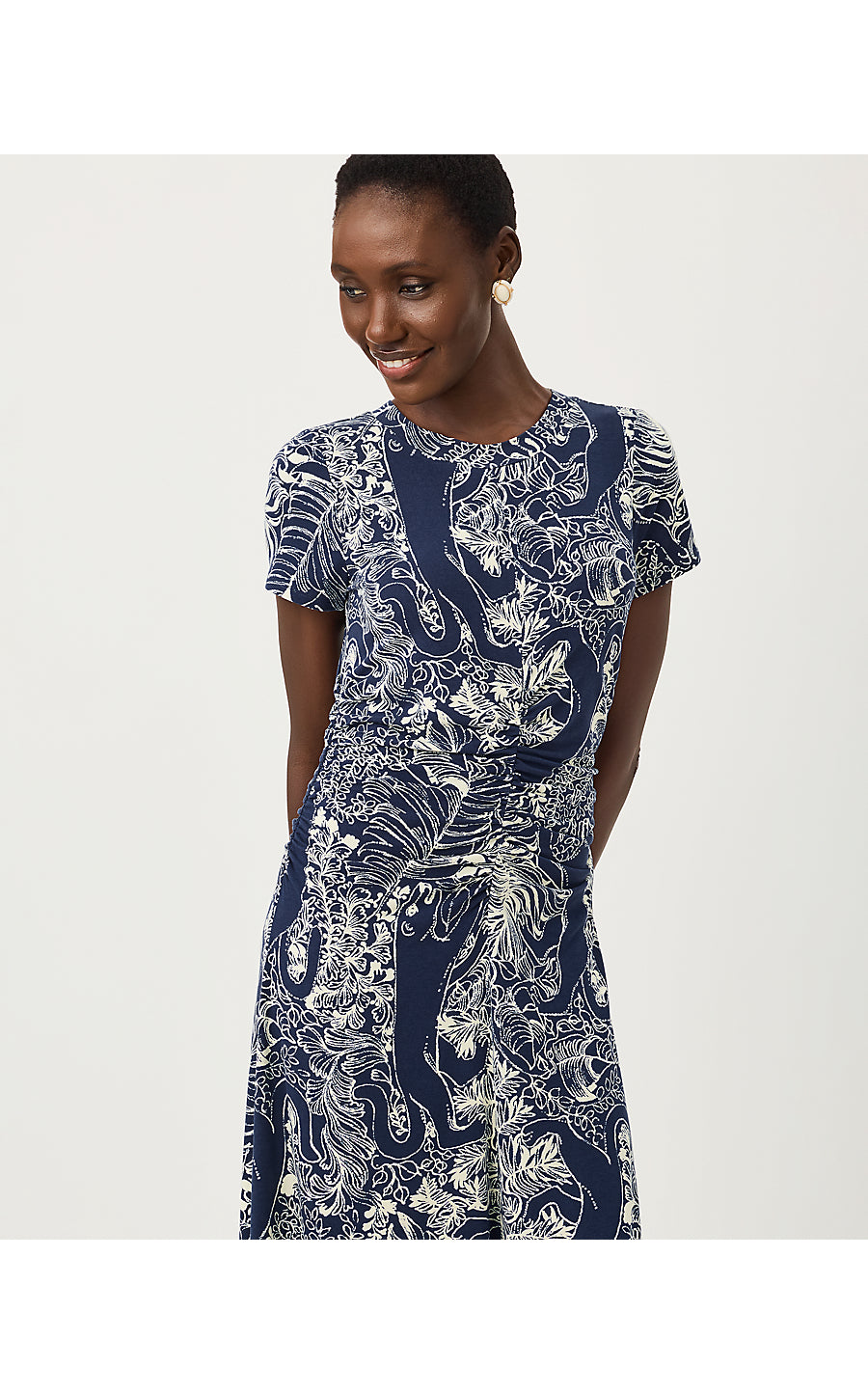UPF 50+ Alma Midi Dress Low Tide Navy Palm Prowl