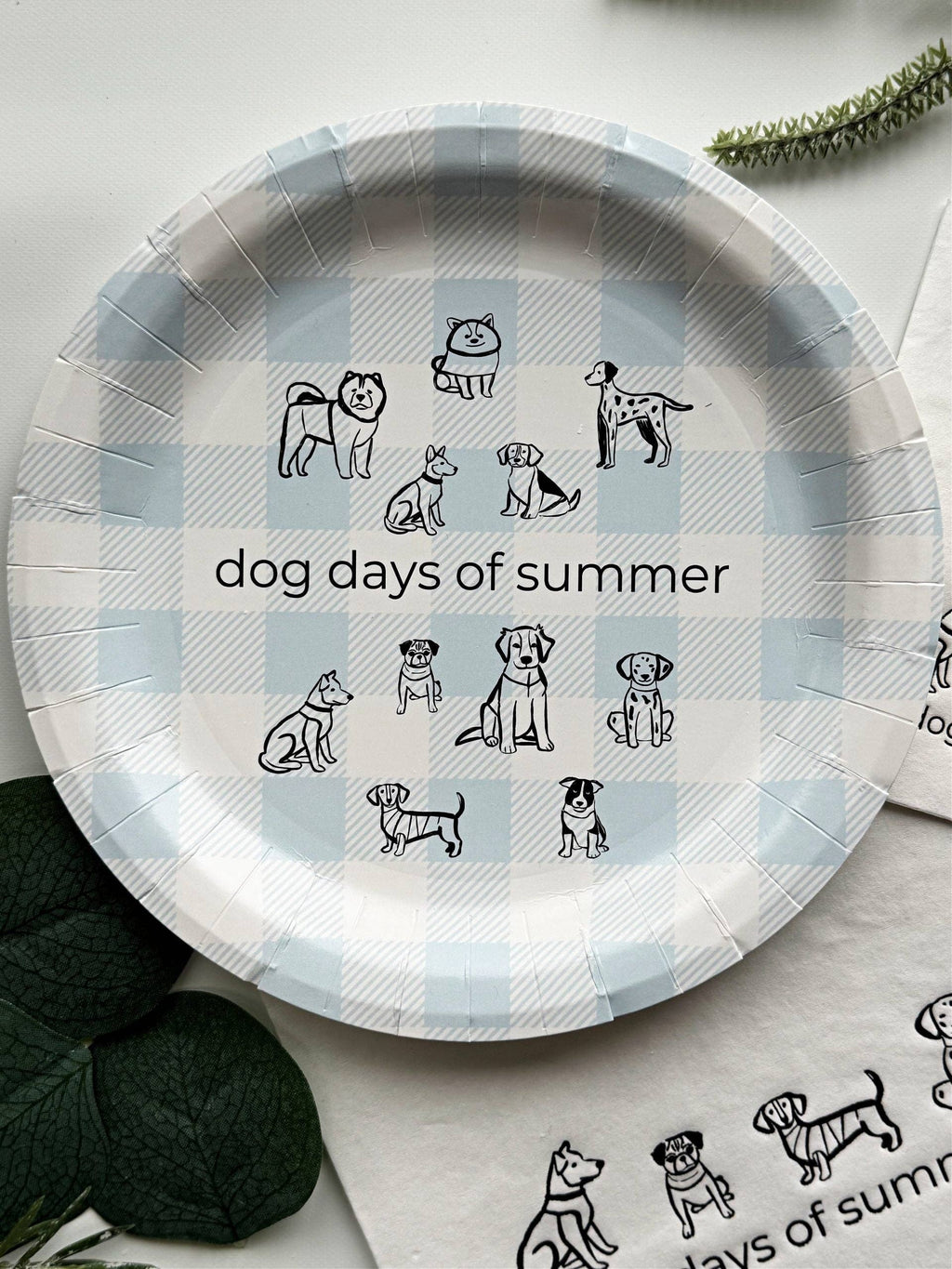 Dog Days of Summer Cake Plate - Black & White on Ice Blue Gingham
