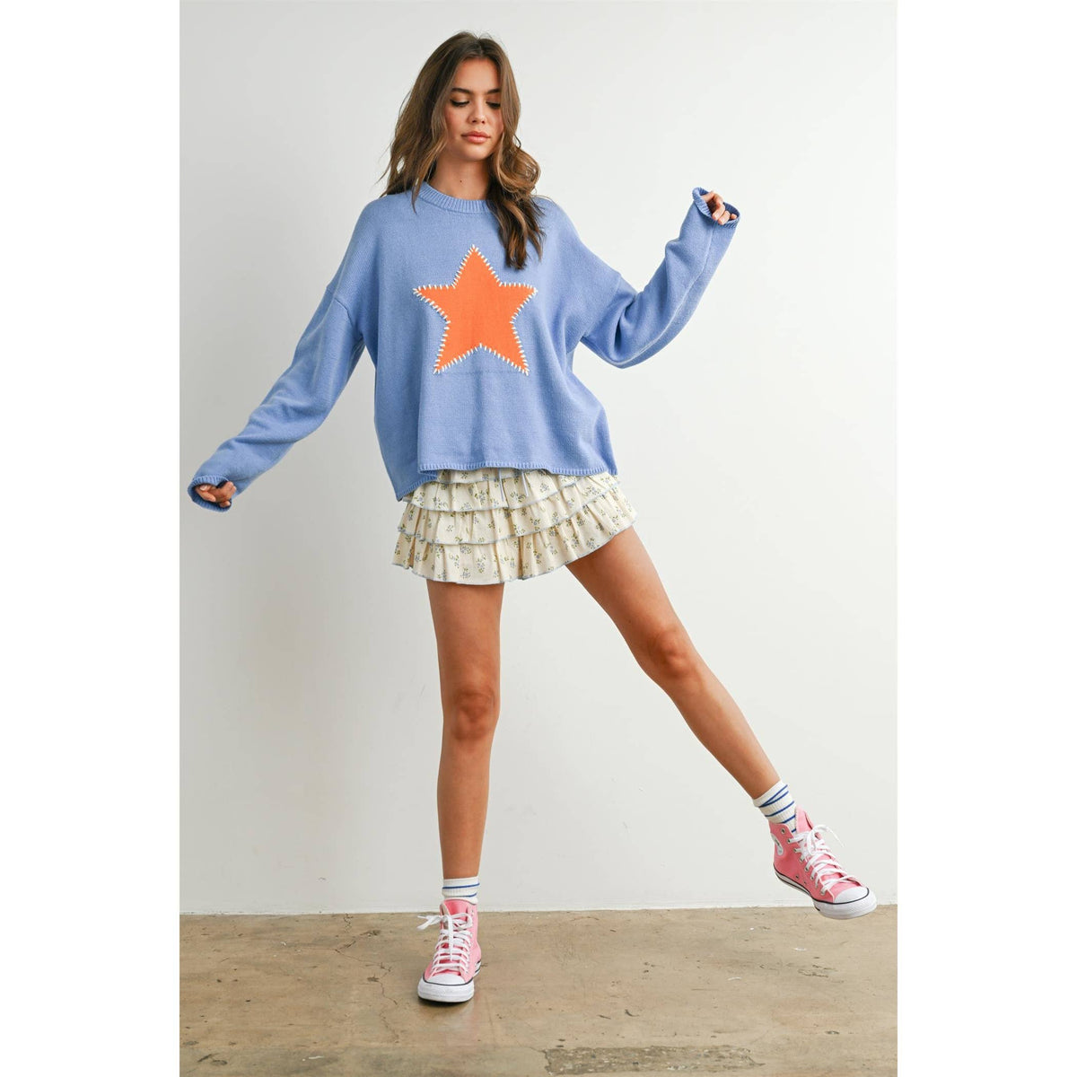Drop Shoulder Star Pattern Sweater - BMW7756
