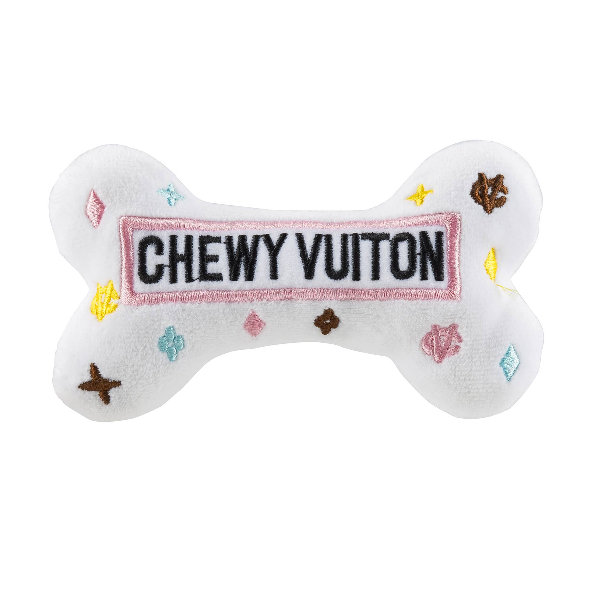White Chewy Vuiton Bones | Plush Squeaker Dog Toy
