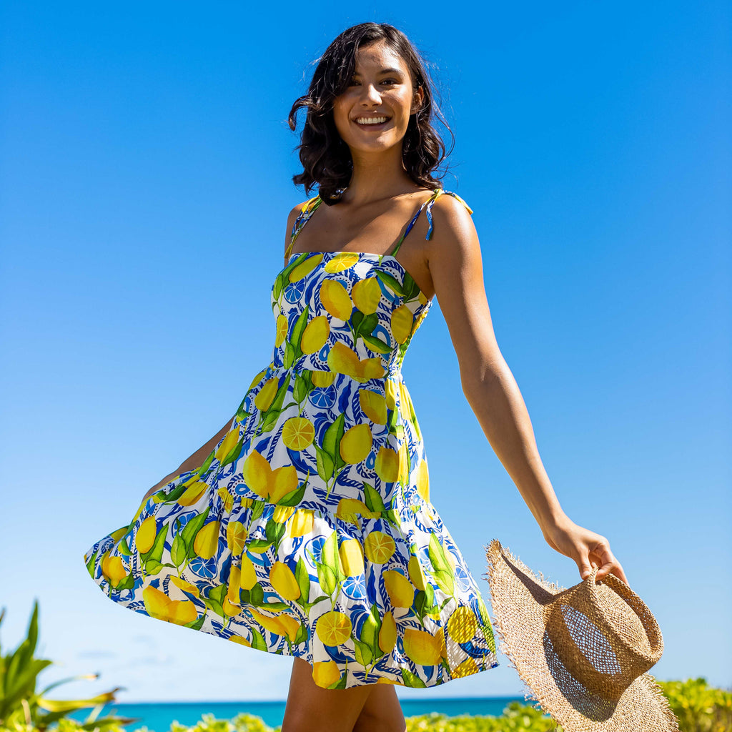 Womens Lemon Print Short Dress: White