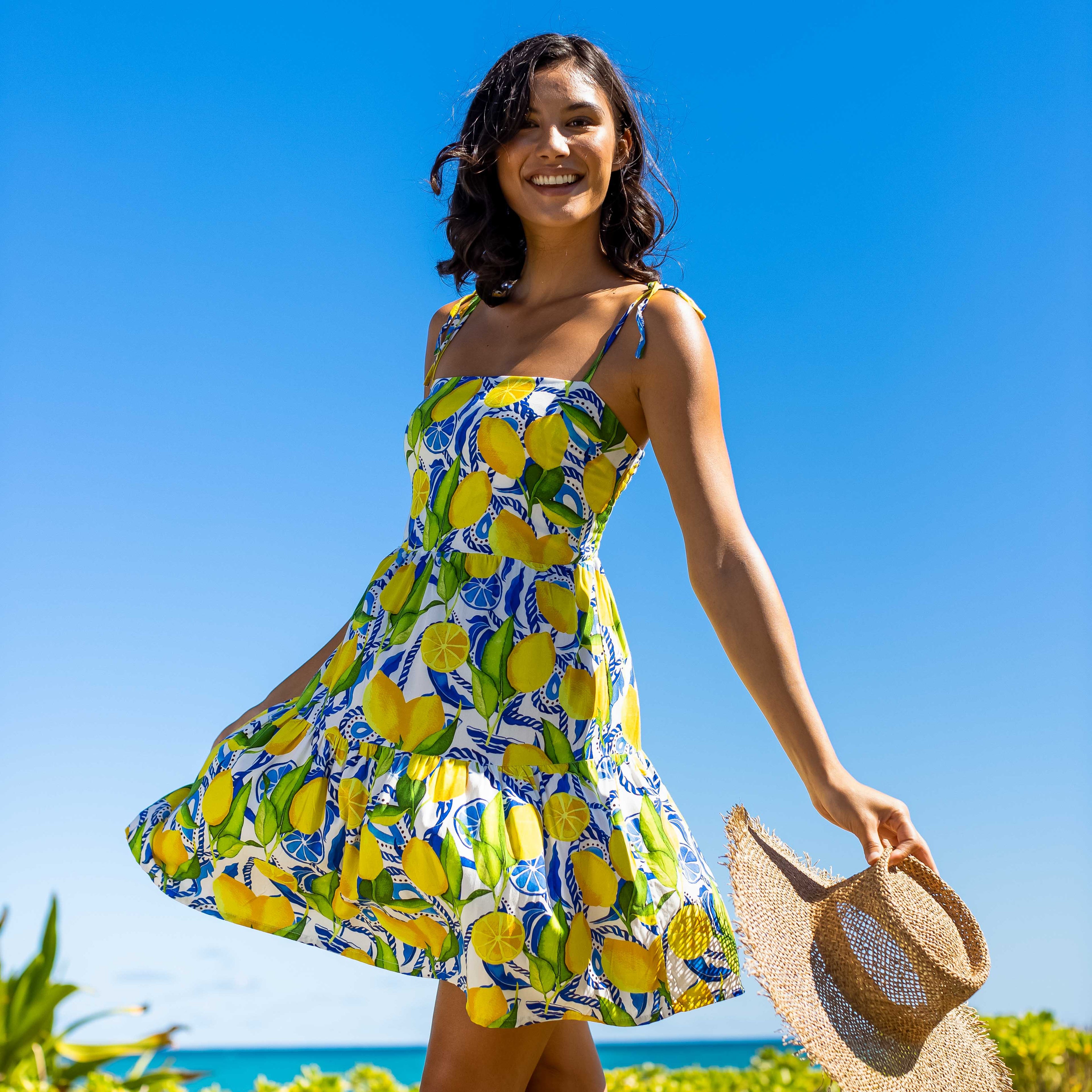 Womens Lemon Print Short Dress: White