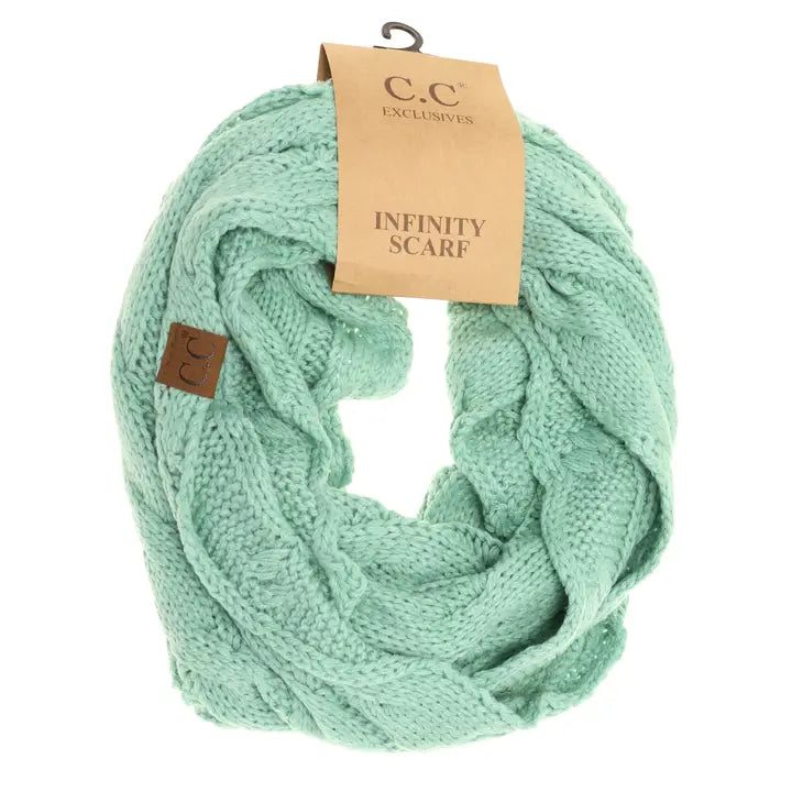 Metallic cable knit infinity scarf  metallic mint