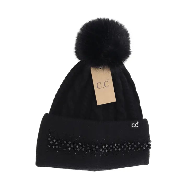 Pearl Embellished Cuff faux fur Pom   Black