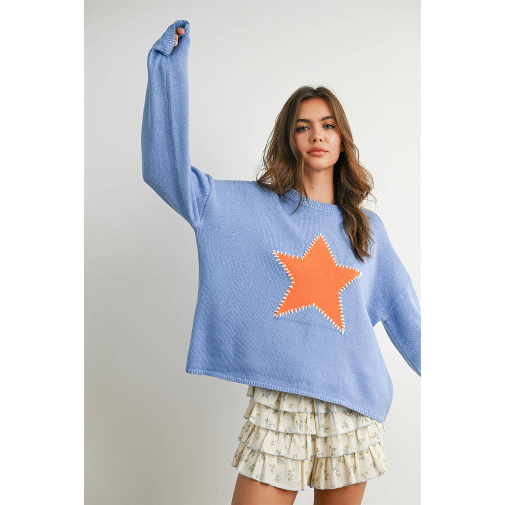 Drop Shoulder Star Pattern Sweater - BMW7756