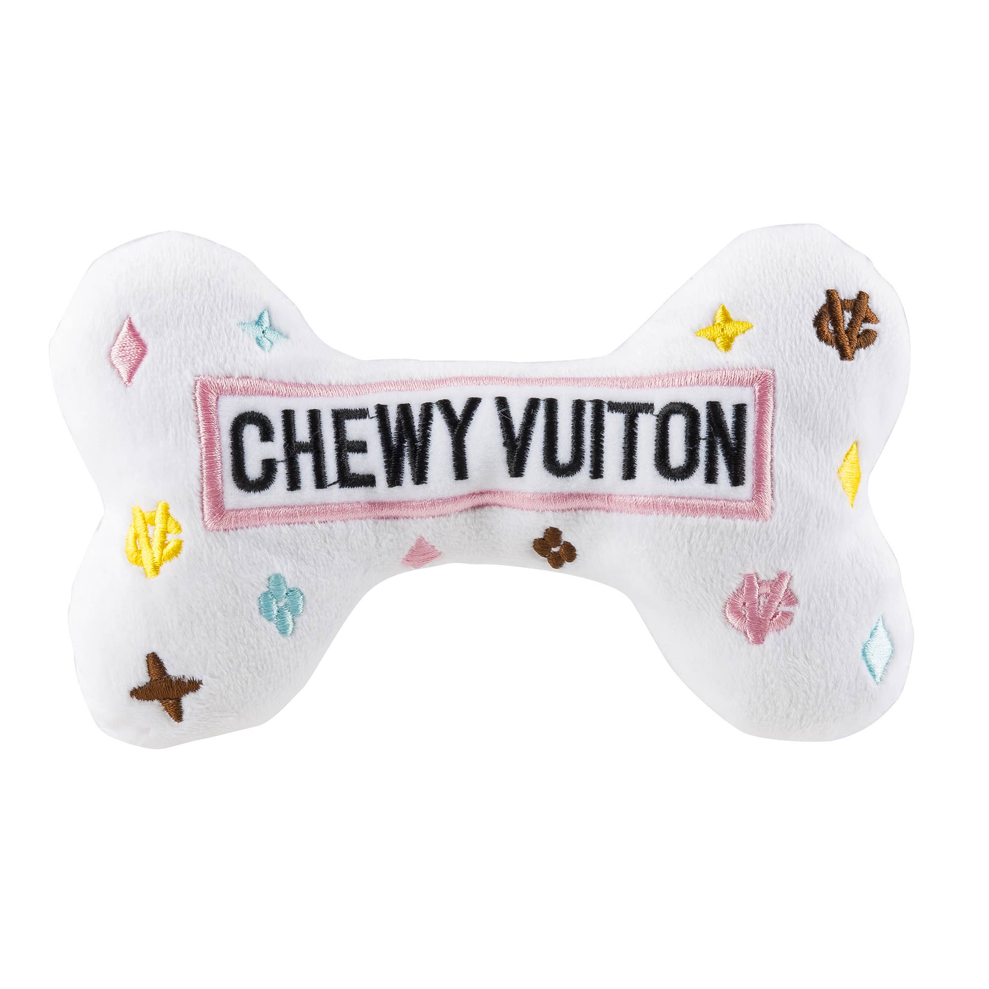 White Chewy Vuiton Bones | Plush Squeaker Dog Toy