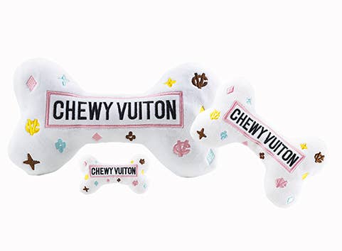 White Chewy Vuiton Bones | Plush Squeaker Dog Toy
