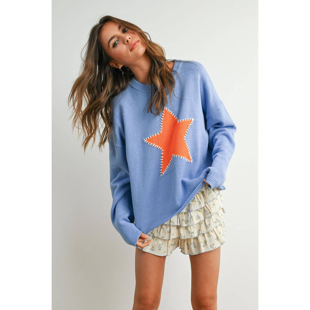 Drop Shoulder Star Pattern Sweater - BMW7756