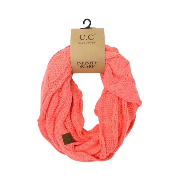 Solid Cable Knit Infinity Scarf   Coral