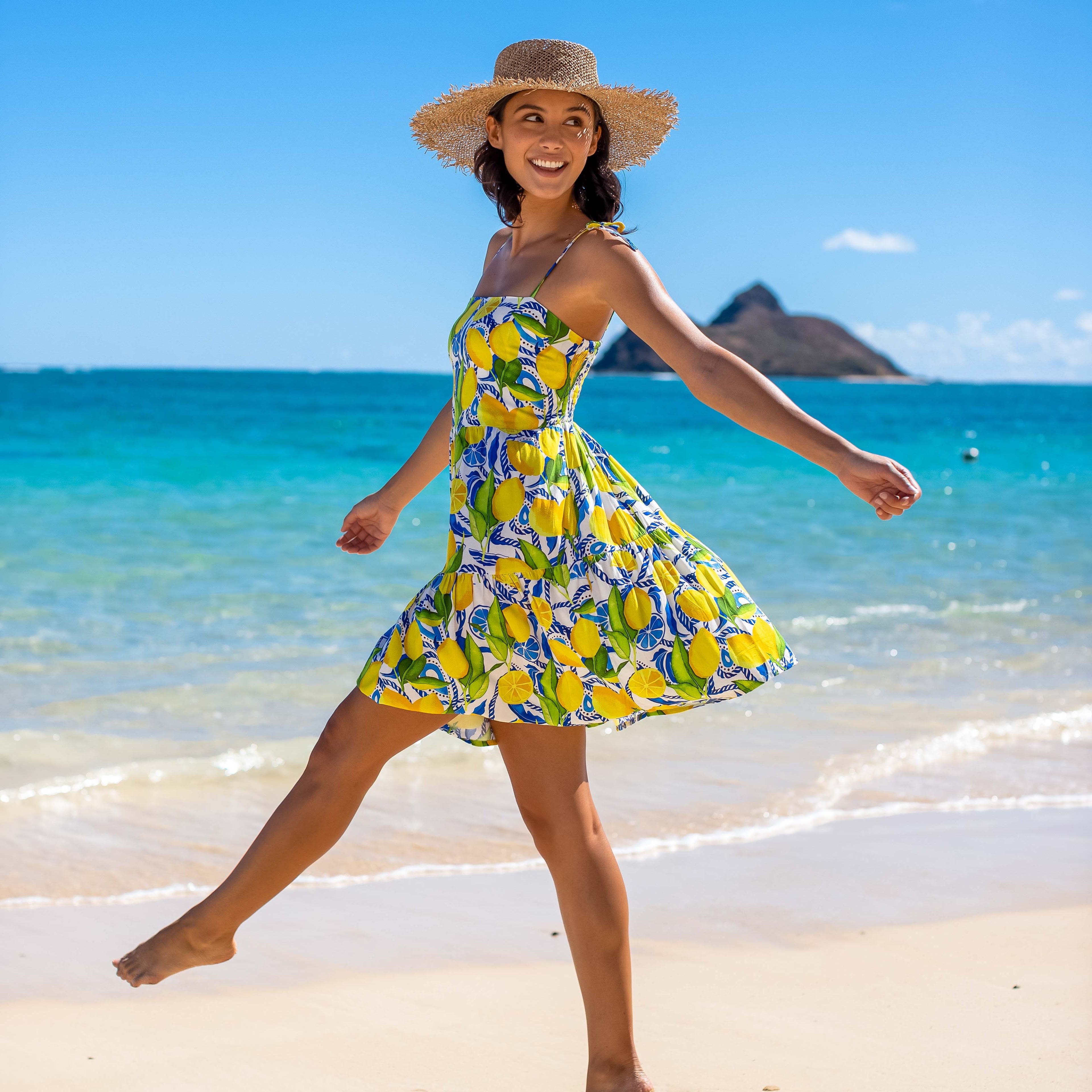 Womens Lemon Print Short Dress: White