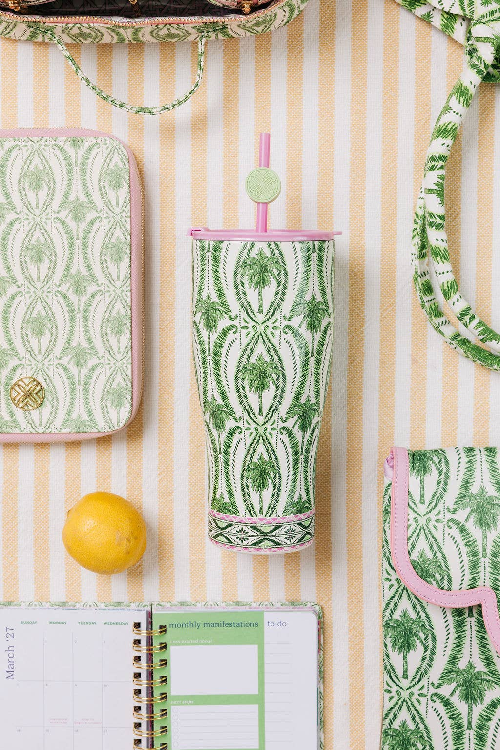 Stainless Steel Tumbler with Straw, Textured Palm Stripe