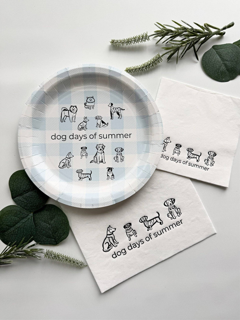Dog Days of Summer Cake Plate - Black & White on Ice Blue Gingham
