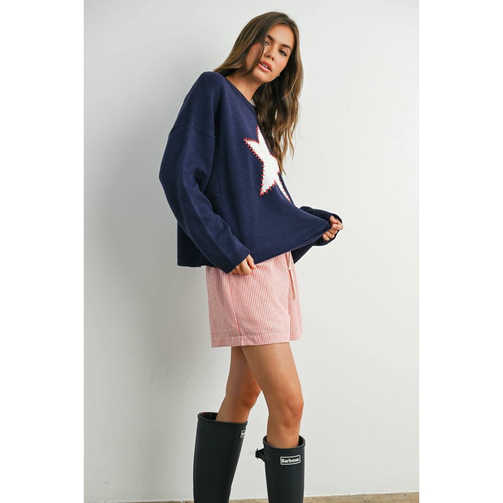 Drop Shoulder Star Pattern Sweater - BMW7756