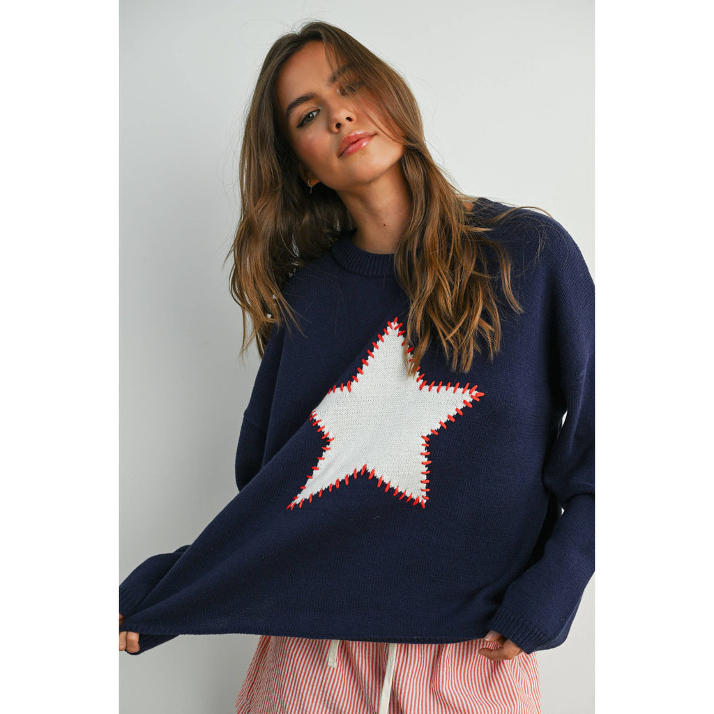 Drop Shoulder Star Pattern Sweater - BMW7756